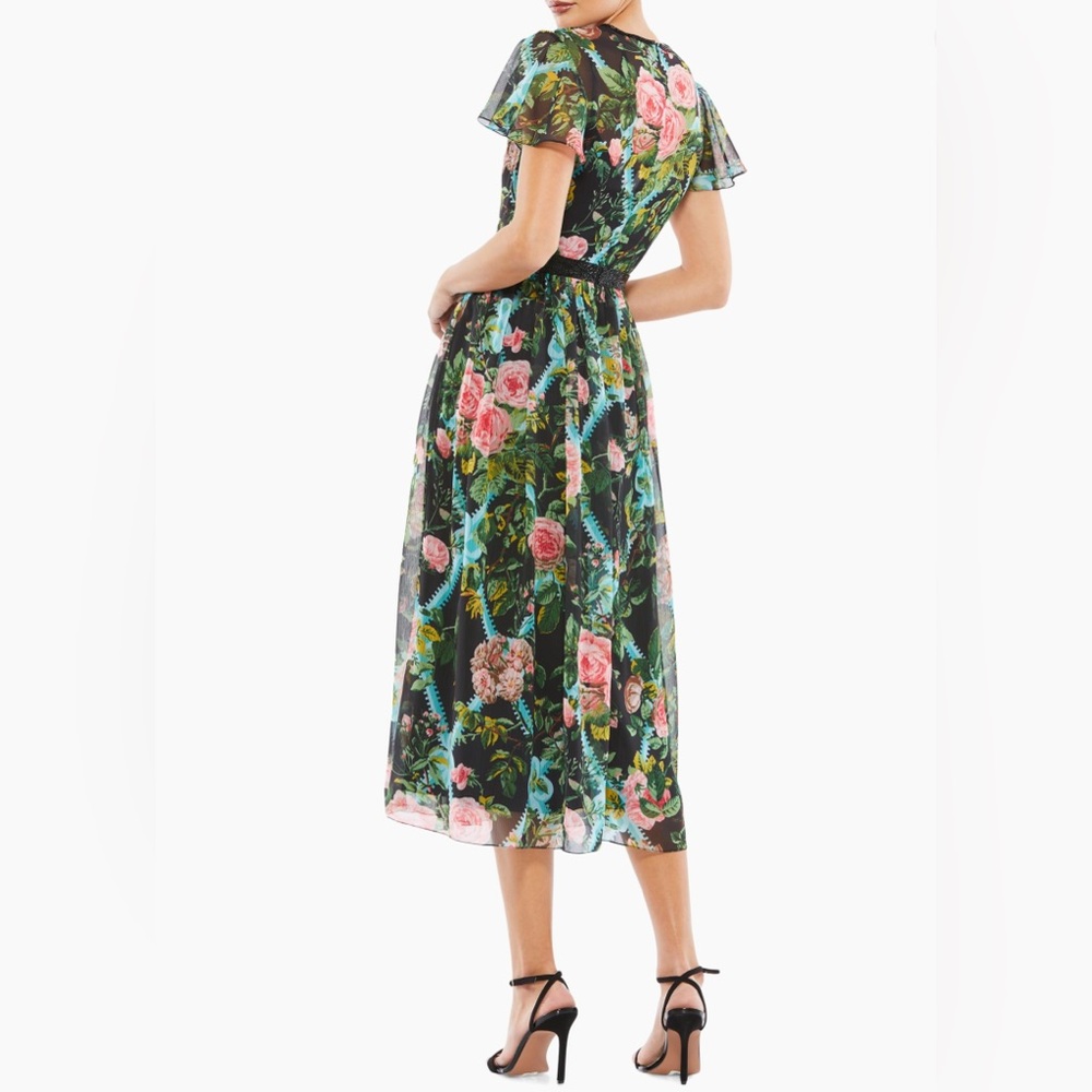 Mac Duggal Black Floral Midi Dress with Pink Roses - Picture 4 of 7